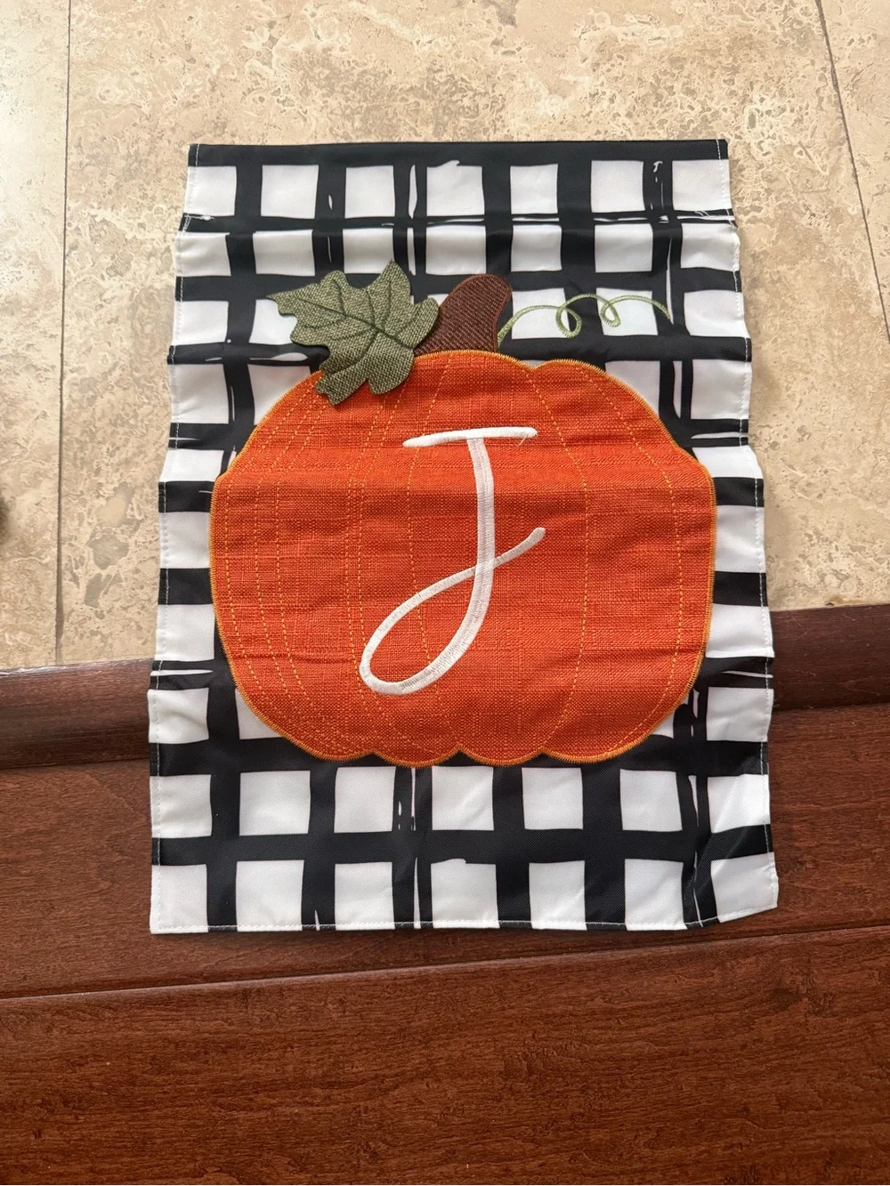 Fall Pumpkin Monogram Flag - Orange Pumpkin on Black & White Grid Letter J